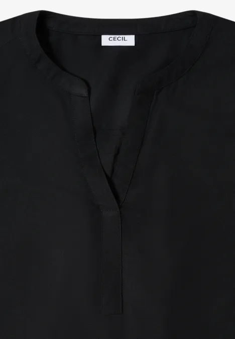 Schwarze Bluse mit V-Ausschnitt und Stehkragen, Label 'Cecil' am Kragen.